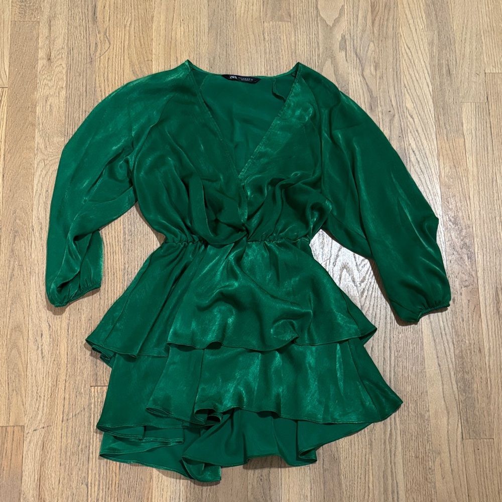 Zara Emerald Green Satin Dress with V-Neck